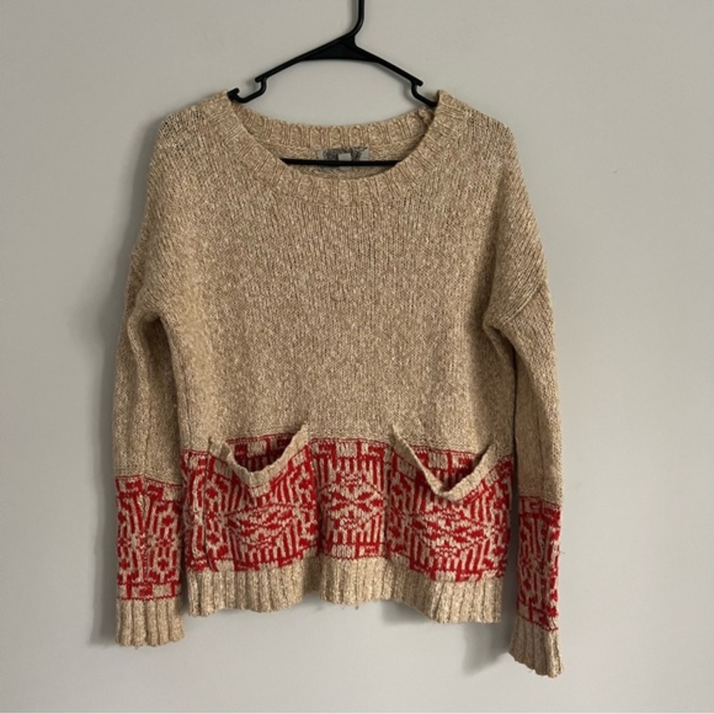 Ecote Wool Blend Beige and Red Winter Print Front Pocket Sweater